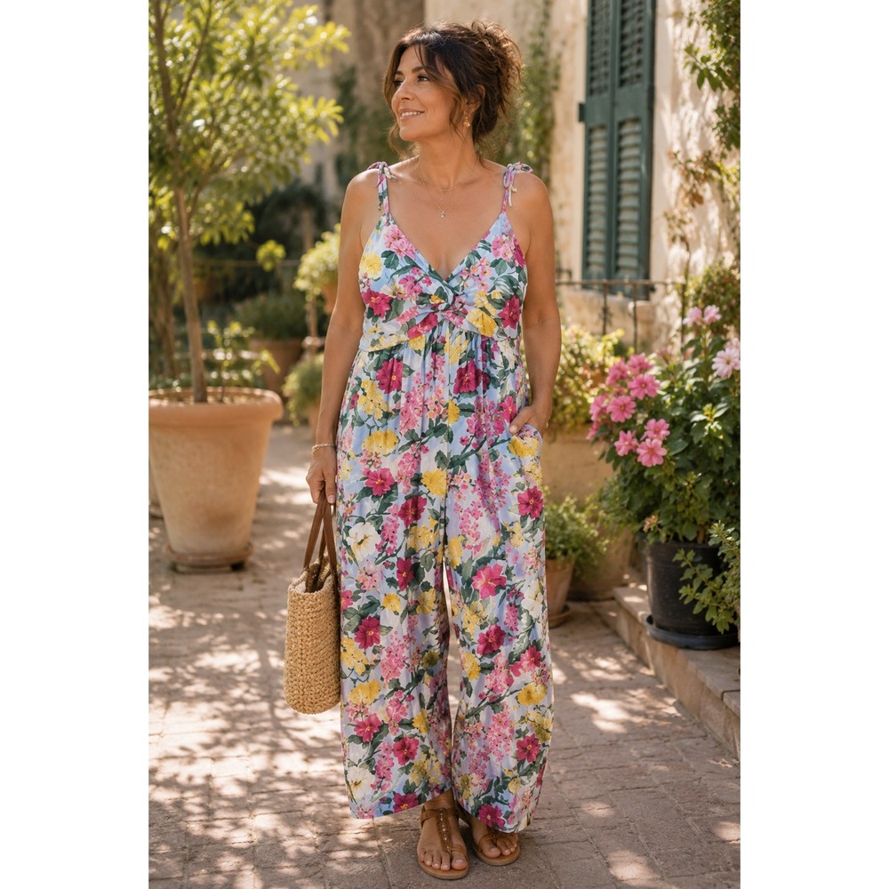 Floral Linen Blend Wide‎ Leg Jumpsuit Blue Pink Yellow Tie Strap Smocked Back M